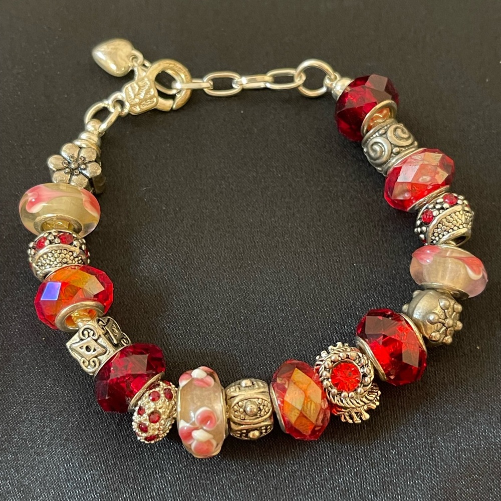 Red Glass & Silver Bead Charm Bracelet